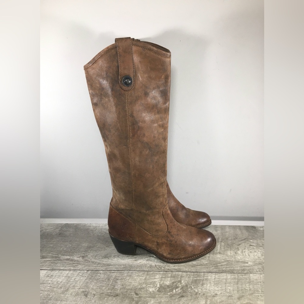 Frye JACKIE BUTTON Tall Cognac Brown Leather Distressed Cowgirl Western Boots 6